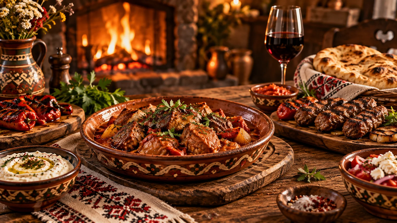 A generous table of slow-cooked meat, grilled dishes, ajvar, and warm bread by the fire