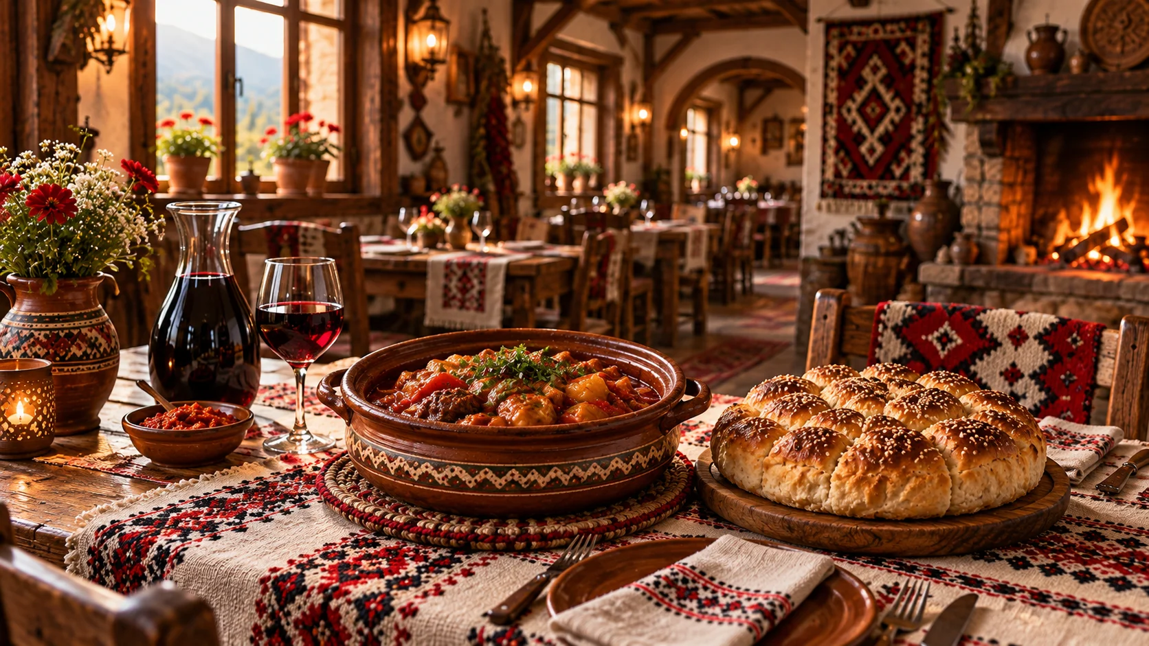 A rustic earthenware pot of slow-cooked meat and vegetables with fresh bread