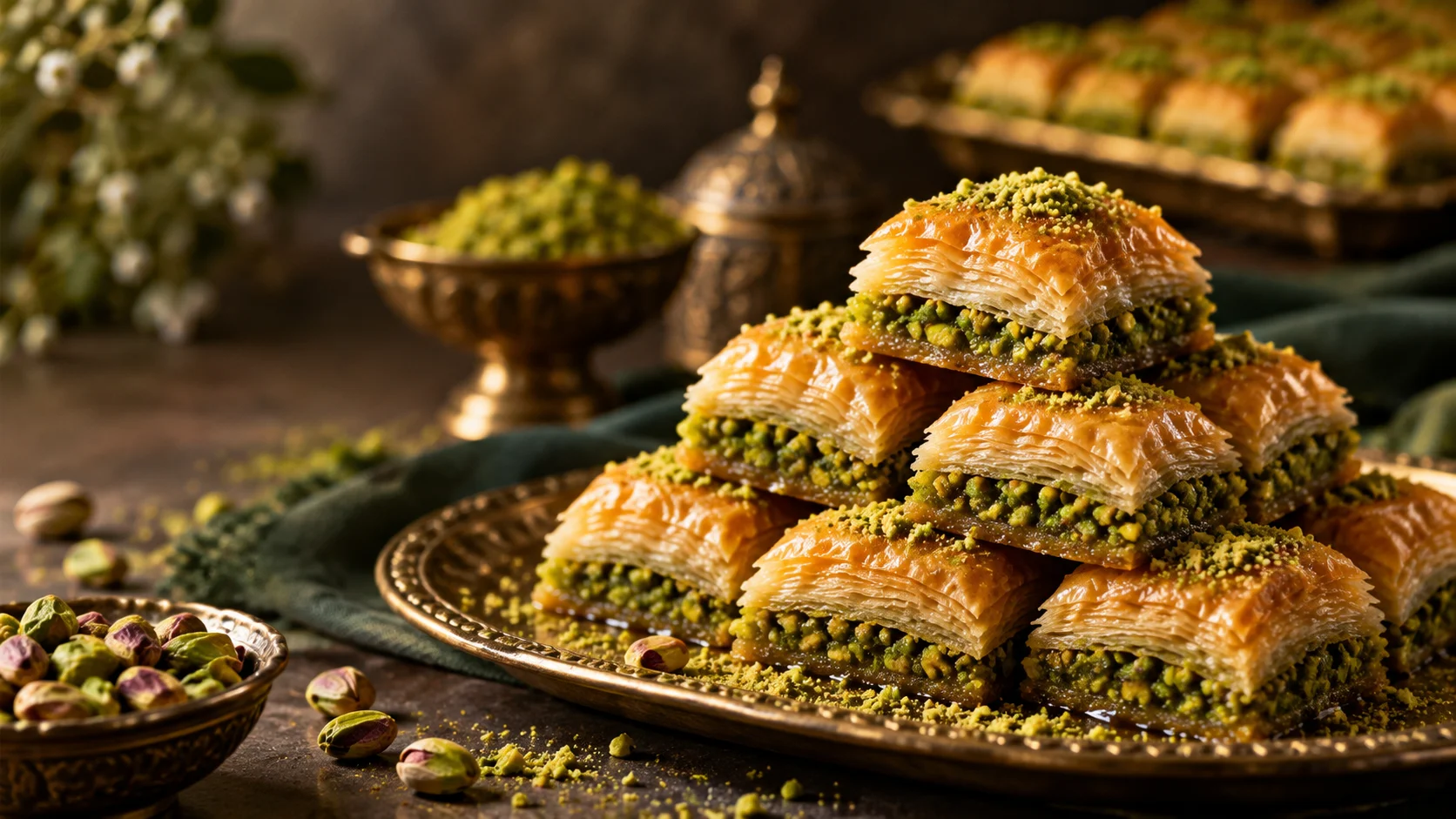 Golden pistachio baklava stacked on a brass platter beside a traditional coffee pot
