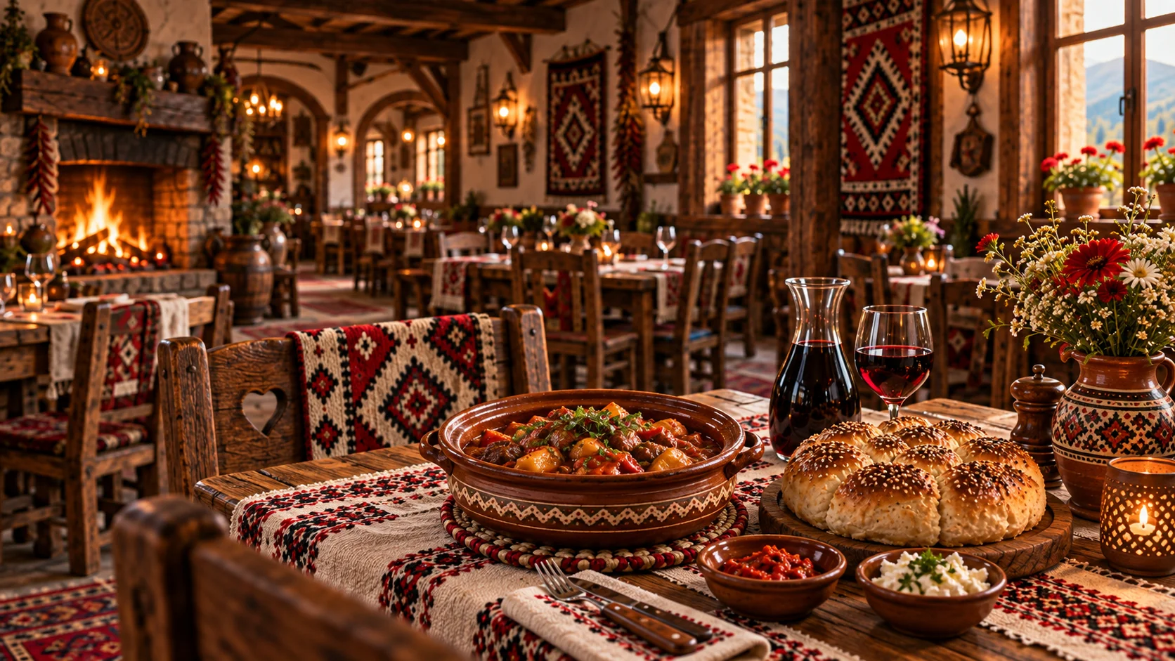 A welcoming Balkan dining room with woven textiles, wooden tables, and a glowing fireplace