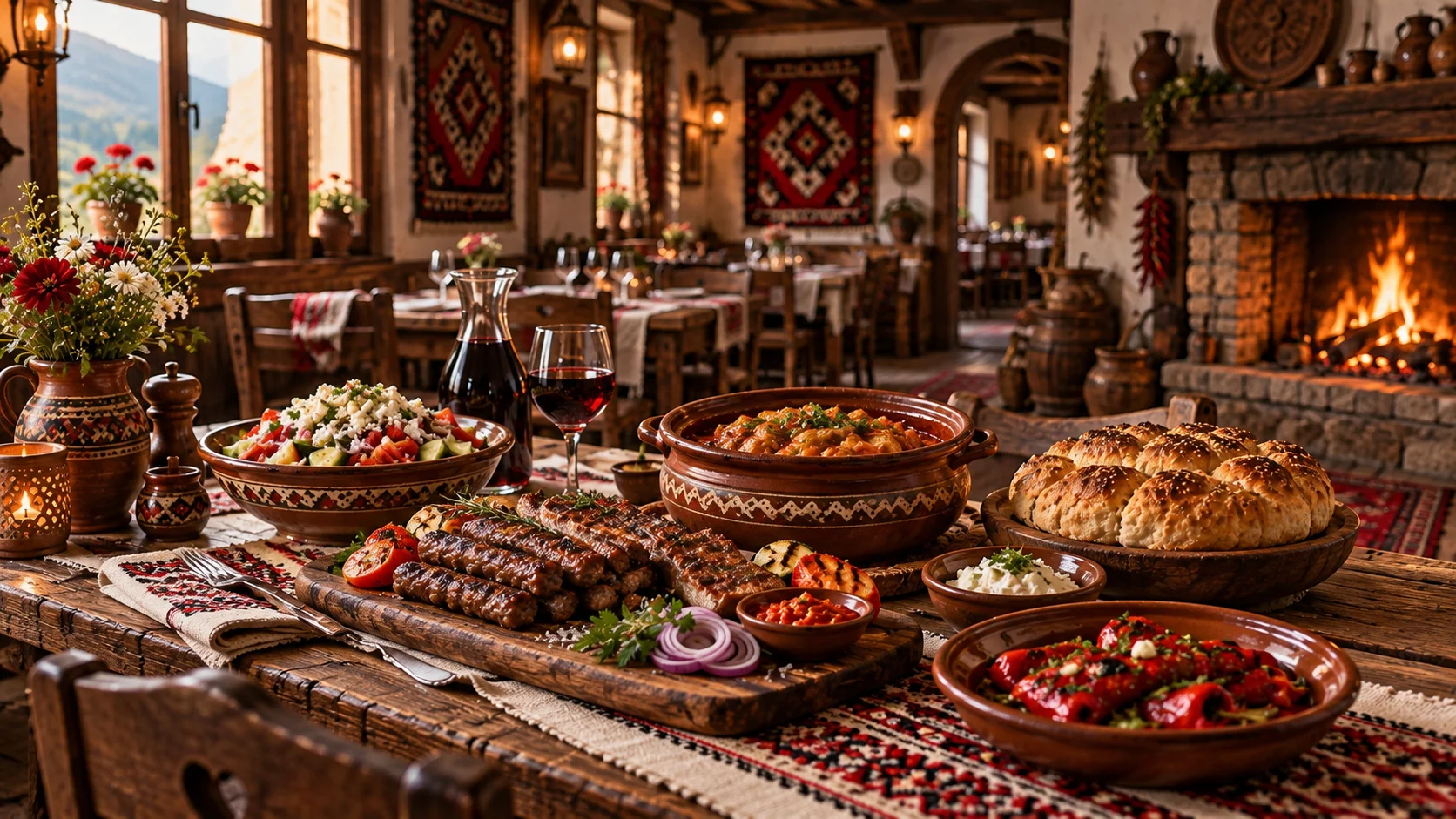 A Balkan feast of grilled meat, salad, roasted peppers, and bread beside a glowing fireplace